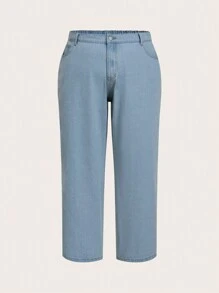 SHEIN CURVE+ Plus Size Non-Stretch Denim Straight Leg Jeans - Blue - View 6