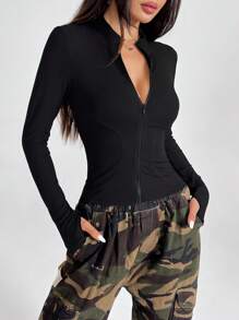 SHEIN PETITE Women's Zip Up Thumb Holes Black Jacket In Fall/Winter - Black - View 1