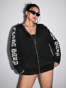 SHEIN ICON 加大码黑色字母图案拉链插肩袖卫衣 - 黑色 - 查看 3