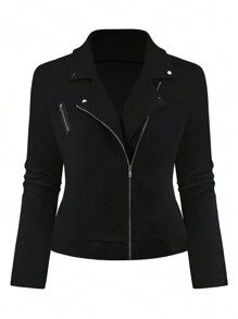 SHEIN LUNE Plus Size Casual Versatile Black Textured Bomber Jacket Fall Winter Cloth For Women Autumn - Black - View 6