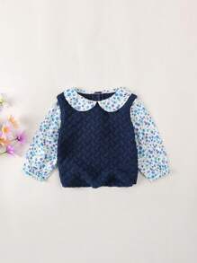 SHEIN Baby Girl Casual French Ditsy Ditsy Floral 2 In 1 Collared Sweater, Suitable For Outdoor Wear