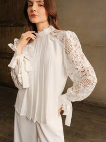 Anewsta 女士优雅白色蕾丝长袖褶皱立领系带袖口衬衫 - 白色 - 查看 2