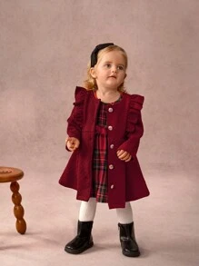 SHEIN 2pcs Baby Girl Front Button Long Sleeve Ruffle Trim Solid Dress & Plaid Print Jacket Outfit - Red - View 4