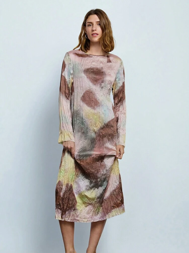 SHEIN Maija Vestido Casual Elegante de Manga Longa com Gola Redonda e Estampa Total, Médio, Outono