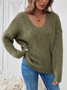 Chiquease Plain V-Neck Long Sleeve Minimalist Pullover Sweater, Casual Everyday Wear, Knit Pullover Fall Winter - Army Green - View 6
