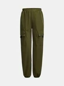 SHEIN 2 piezas Conjunto de niña preadolescente con camiseta de manga corta con estampado de letras y cuello negro, y pantalón de carga verde oliva