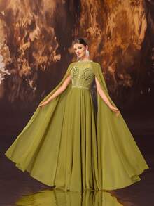 YISIKADO 奢华亮片串珠雪纺夸张袖子骨干正式晚礼服婚礼宾客晚宴宴会女士连衣裙 - 橄欖綠 - 查看 6