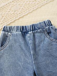 Bộ 2 món/Bộ áo thun in chữ và ngôi sao màu trắng thường ngày cho bé gái và quần denim xanh giặt, Bộ thu đông - trắng - Xem 5