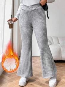 Flirla Damskie spodnie dzianinowe w jednolitym kolorze, proste, swobodne, termiczne, podszyte