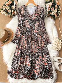 Breezaya Váy dài tay họa tiết hoa nhỏ xinh cho nữ, trang phục đi biển mùa thu dài - Nhiều màu - Xem 1
