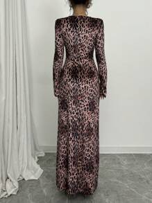 Chiquease 女式圆领长袖法式动物豹纹花卉长款休闲连衣裙 - 彩色 - 查看 2