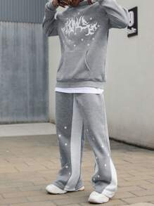 Manfinity EMRG 男士长袖连帽衫，带口袋印花和裤子休闲西装，男士两件套运动服，男士连帽衫和运动裤套装，星星运动裤，秋季服装 - 灰色 - 查看 4