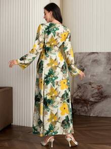 Al Najma Tie Dye Print Dress With Gold Edge Ribbon Side Tie-Up Fall Cloth For Women - Dark Green - View 2