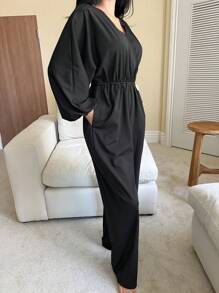 DAZY Waisted Lapel Puff Sleeve Elegant Jumpsuit Pajama - Black - View 4