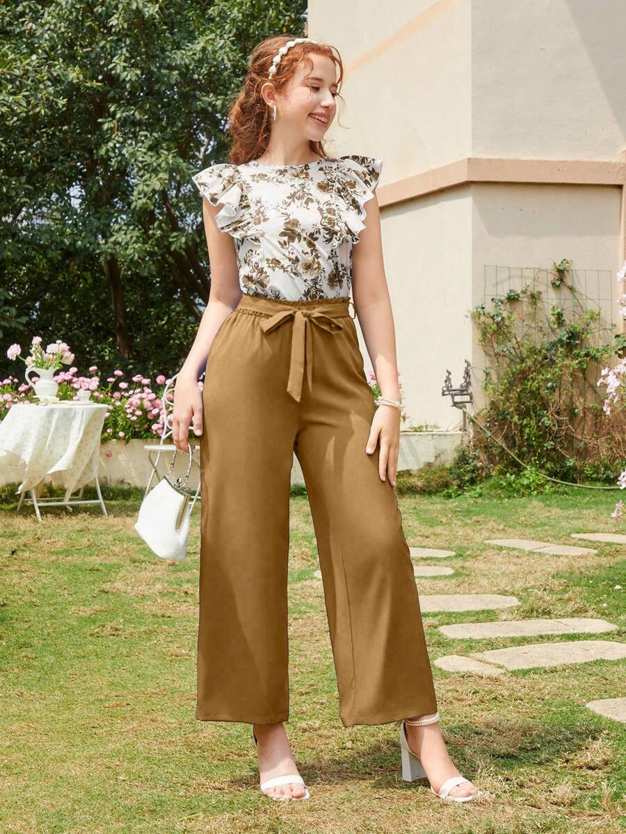 2pcs Blue Floral Print Pants Set For Teenage Girls - Khaki - View 1