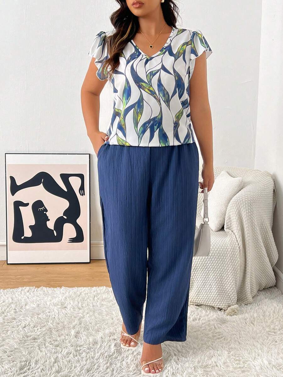 SHEIN Frenchy 舒适的夏季大码 2 件套，带口袋度假、领结腰带和叶子图案 - 藍色 - 查看 1