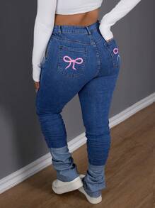 SHEIN SXY Quần Jeans Denim Cỡ Lớn Có Họa Tiết Bướm Màu Tương Phản & Thiết Kế Nơ, Ôm Vừa - Màu xanh lam - Xem 3