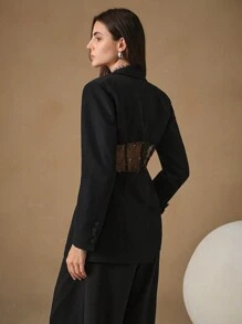 Anewsta Hollow Out Lace Patchwork Women Blazer - Black - View 4
