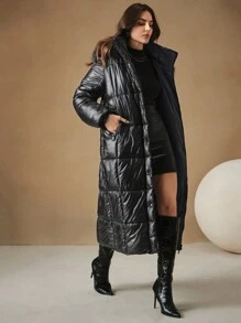 Anewsta 韩版时尚连帽蓬蓬领中长款女士外套 - 黑色 - 查看 4