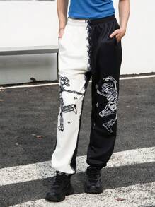 INAWLY Pantalon de jogging avec imprimé crâne bicolore pour femmes - Noir et Blanc - Voir 1