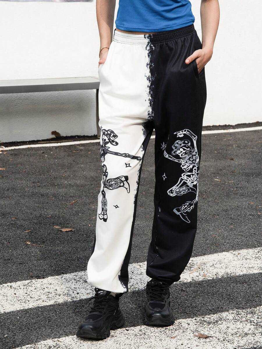 INAWLY Pantalon de jogging avec imprimé crâne bicolore pour femmes - Noir et Blanc - Voir 1