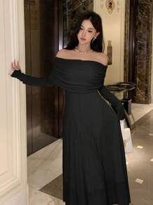 DAZY 女士纯色露肩长连衣裙，休闲日常穿着，生日、新年、舞会礼服，秋季长袖连衣裙，优雅女装 - 黑色 - 查看 5