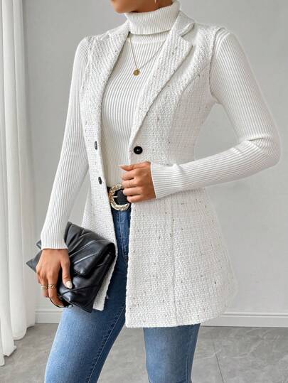 Rafferiza Women's Gold Dotted Collar Sleeveless Tweed Jacket