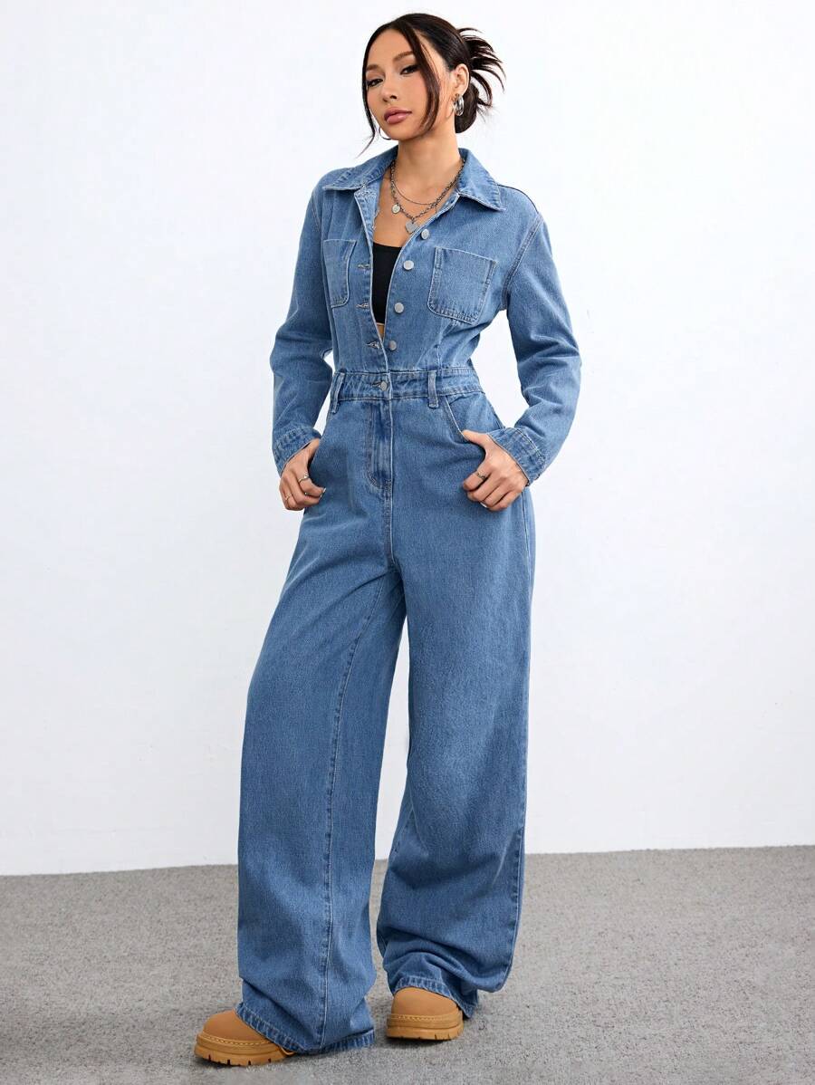 SHEIN EZwear 女士秋冬街头休闲洗水牛仔长袖夹克连体裤 - 淺色水洗藍 - 查看 1