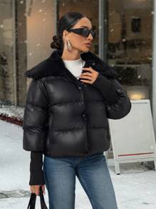 EURMUSE Cappotto imbottito, elegante e caldo, con cappuccio, con accentuazione della vita, con colletto in pelliccia e cintura per l autunno/inverno, con dettagli a costine ai polsini, adatto per le donne - nero - Visualizzare 5