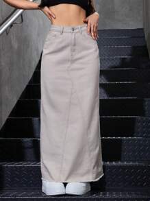 SHEIN EZwear 春秋休闲纯色长款牛仔半身裙 - 卡其色 - 查看 4
