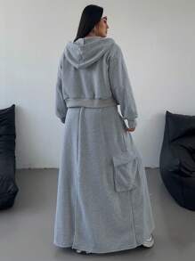 时尚休闲运动美式复古性感拉链夹克和长裙套装 - 灰色 - 查看 2