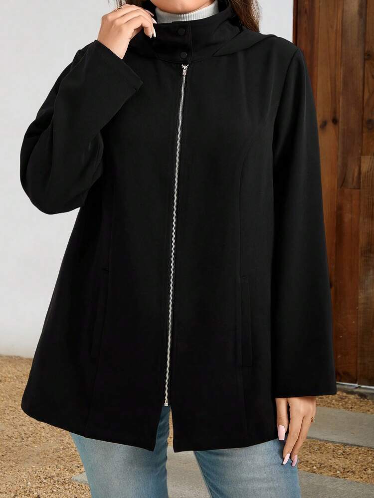 Chaqueta casual de manga larga con cremallera frontal de unicolor, ropa de mujer de otoño, talla grande