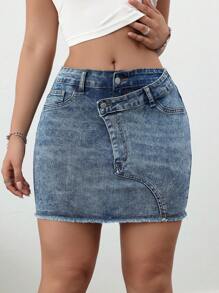 SHEIN Tall Falda de jean ajustada de denim elástico para mujeres, falda larga de denim para mujeres, falda de denim para graduación, falda de salida, faldas de otoño para mujeres, faldas para mujeres, falda Y2k - Azul lavado medio - Ver 7