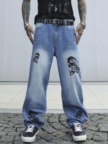 Manfinity EMRG Quần Jeans Dài Baggy In Hình Đầu Lâu Thường Ngày Cho Nam - Màu xanh lam - Xem 4