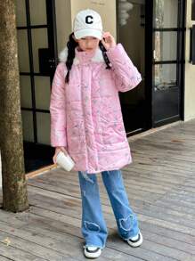 SHEIN 女孩全息彩虹印花超大连帽中长款夹棉外套 - 淺粉色 - 查看 3