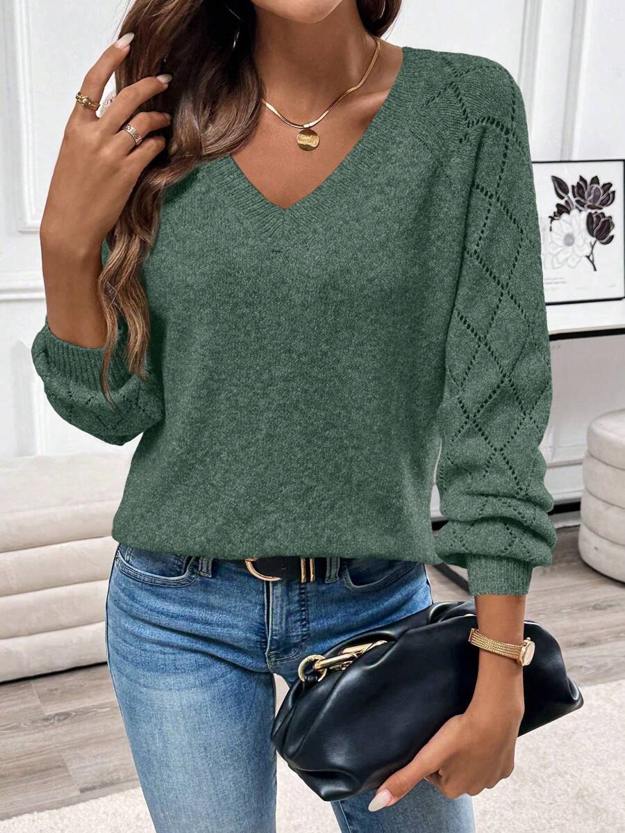 EMERY ROSE 镂空V领休闲针织毛衣