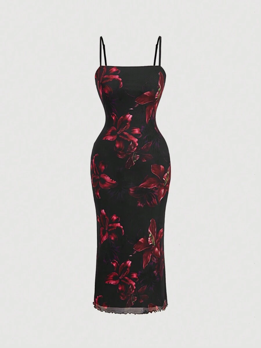 SHEIN MOD 大码复古黑色勃艮第大花朵优雅网眼吊带裙，适合夏季 - 彩色 - 查看 1