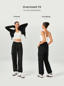 GLOWMODE 30'' Everyday Fleece Oversized Fit Adjustable Drawstring Waist Cargo Joggers Pants Daily Casual - Black - View 2