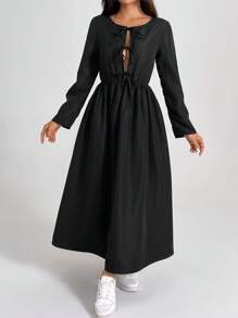 SHEIN PETITE Women's Black Long Sleeve Basic Fashion Dress With Bow Tie At Waist