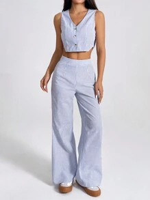 SHEIN PETITE Women's Striped Cropped Vest And Wide Leg Pants Suit - ازرق وابيض - مشاهدة 4