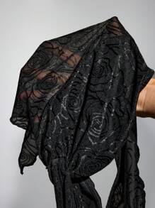 SHEIN ICON ملابس علوية سوداء كبيرة الحجم للنساء، ذات تصميم ملفوف أمامي وذيل منقطع الحافة - الأسود - مشاهدة 7