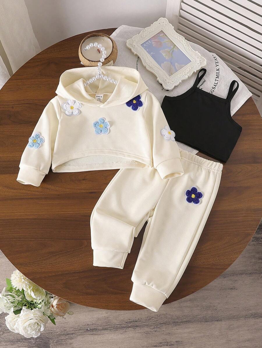 Bộ 3 món/Bộ áo nỉ trùm đầu họa tiết hoa ngắn tay cho bé gái + áo hai dây + quần dài Bộ trang phục mùa thu - Màu be - Xem 1