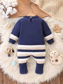 SHEIN 男婴时尚简约蓝白条纹连体裤，春秋冬保暖可爱必备服装，适合日常、户外、旅行、居家、幼儿园和学校场合 - 藍色 - 查看 2