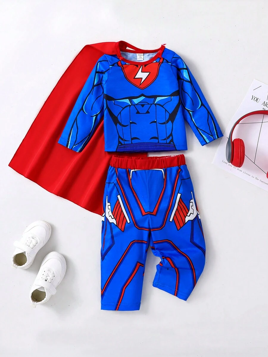 SHEIN Playful Pals Baby Boy Cartoon Mecha Print Long Sleeve T-Shirt And Printed Pants 2pcs Outfit Set With Cape, Suitable For Party, Roleplay And Holiday In Autumn/Winter - Blue - View 1
