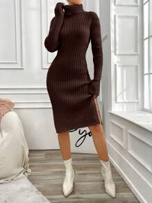 EURMUSE Women's Turtleneck Ribbed Sweater Dress - Brown - View 3