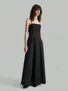 Ontre Black Fabric Splicing Spaghetti Strap Flared Hem Evening Formal Dress - Black - View 5