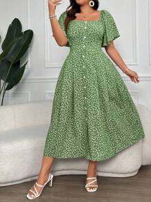 SHEIN Clasi Plus Size Women's Boho Short Sleeve Front Button Square Neck Ditsy Floral Dress Women Outfit, For Summer - Green - View 4