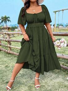 SHEIN LUNE 大码优雅刺绣心形领连衣裙，圣诞节女士长款套装 - 軍綠色 - 查看 5