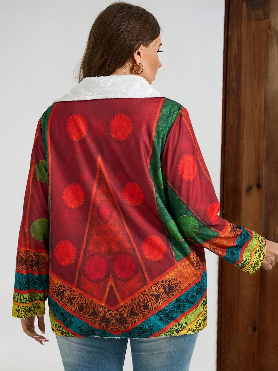 Women's Plus Size Geometric Print Thermal Lined Lapel Collar Loose Retro Jacket, Autumn Winter