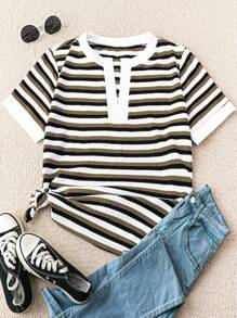 SHEIN LUNE Plus Size Summer Casual Colorblock Striped T-Shirt - Multicolor - View 1